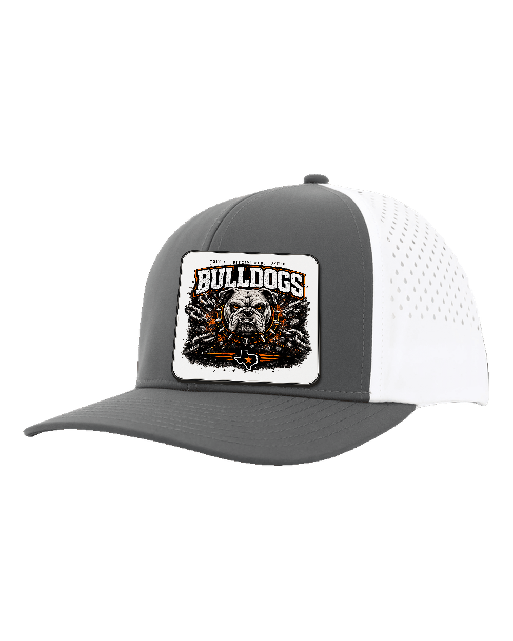 LoneStar Adhesive Durra-Bull Charcoal/White - Design 1 Bulldogs Chains. Full-color rounded patch mockup with matte face, dark finished edge and subtle raised thickness.