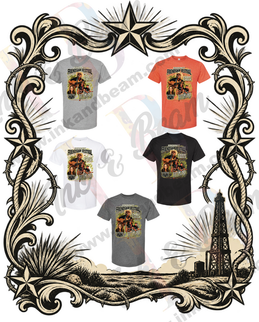 Official Burkburnett Friendship Festival T-shirts shown in five color options