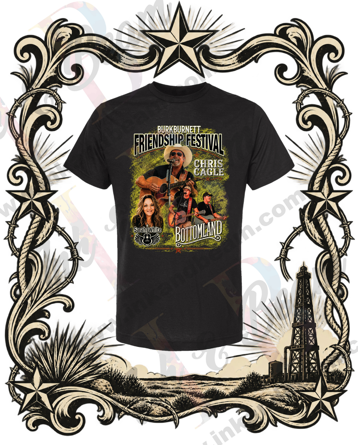 Black official Burkburnett Friendship Festival T-shirt with concert graphic