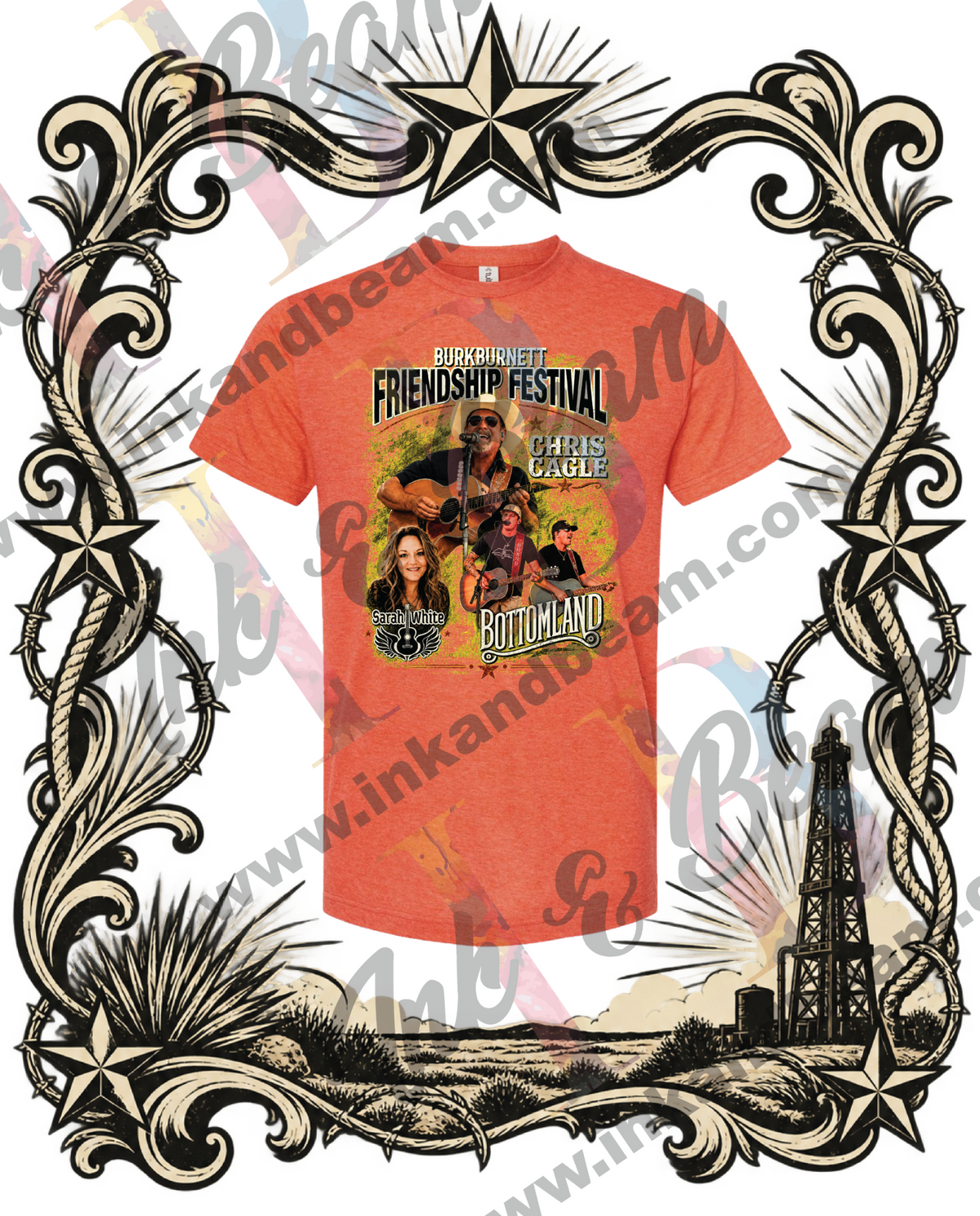 Heather Orange official Burkburnett Friendship Festival T-shirt with concert graphic