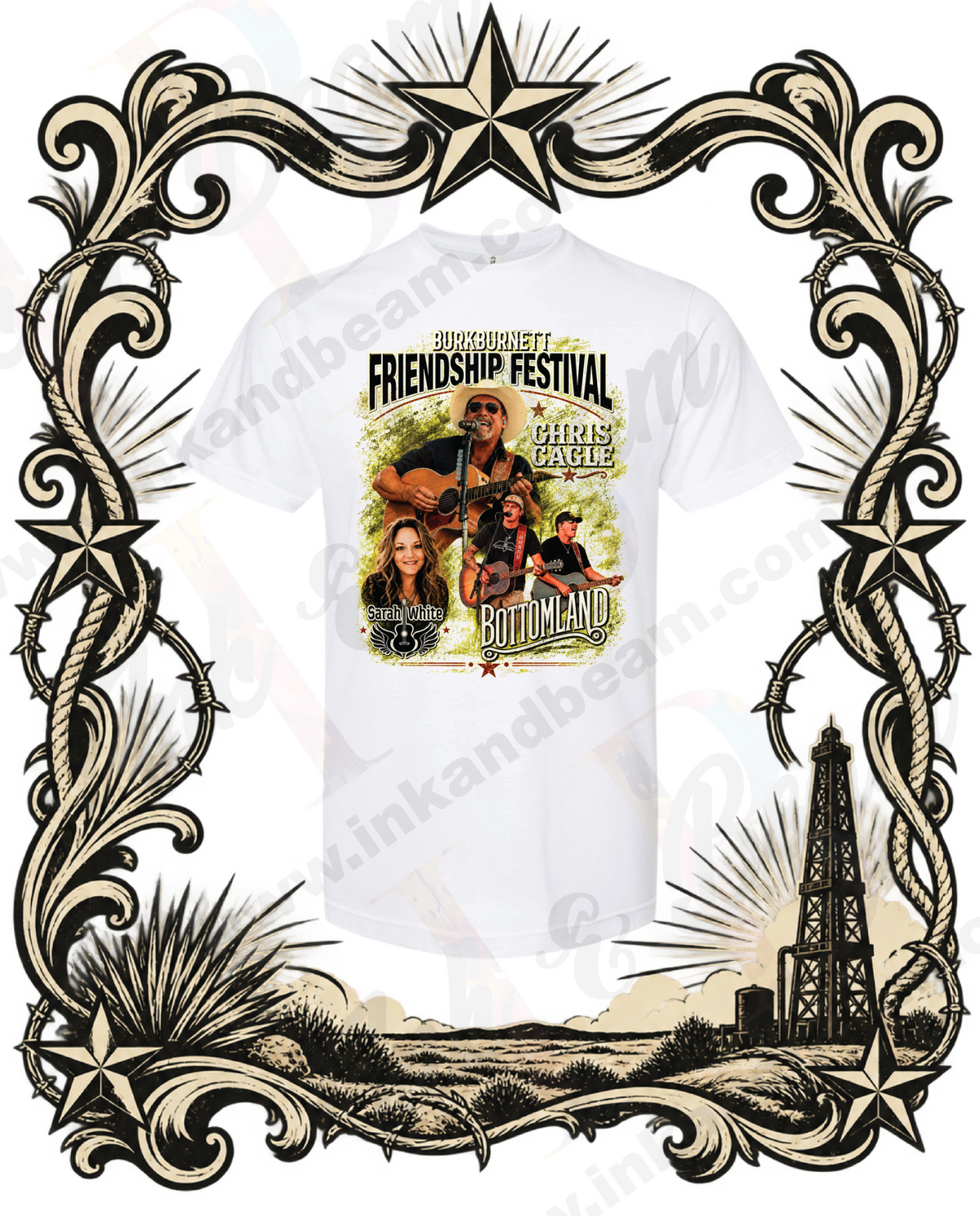 White official Burkburnett Friendship Festival T-shirt with concert graphic