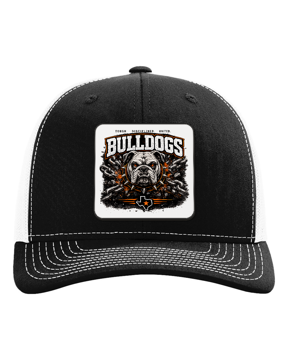 Richardson 112 Black/White - Design 1 Bulldogs Chains. Full-color rounded patch mockup with matte face, dark finished edge and raised thickness.