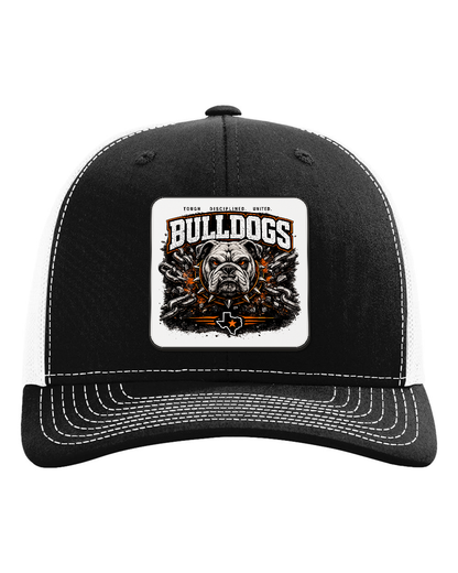Richardson 112 Black/White - Design 1 Bulldogs Chains. Full-color rounded patch mockup with matte face, dark finished edge and raised thickness.