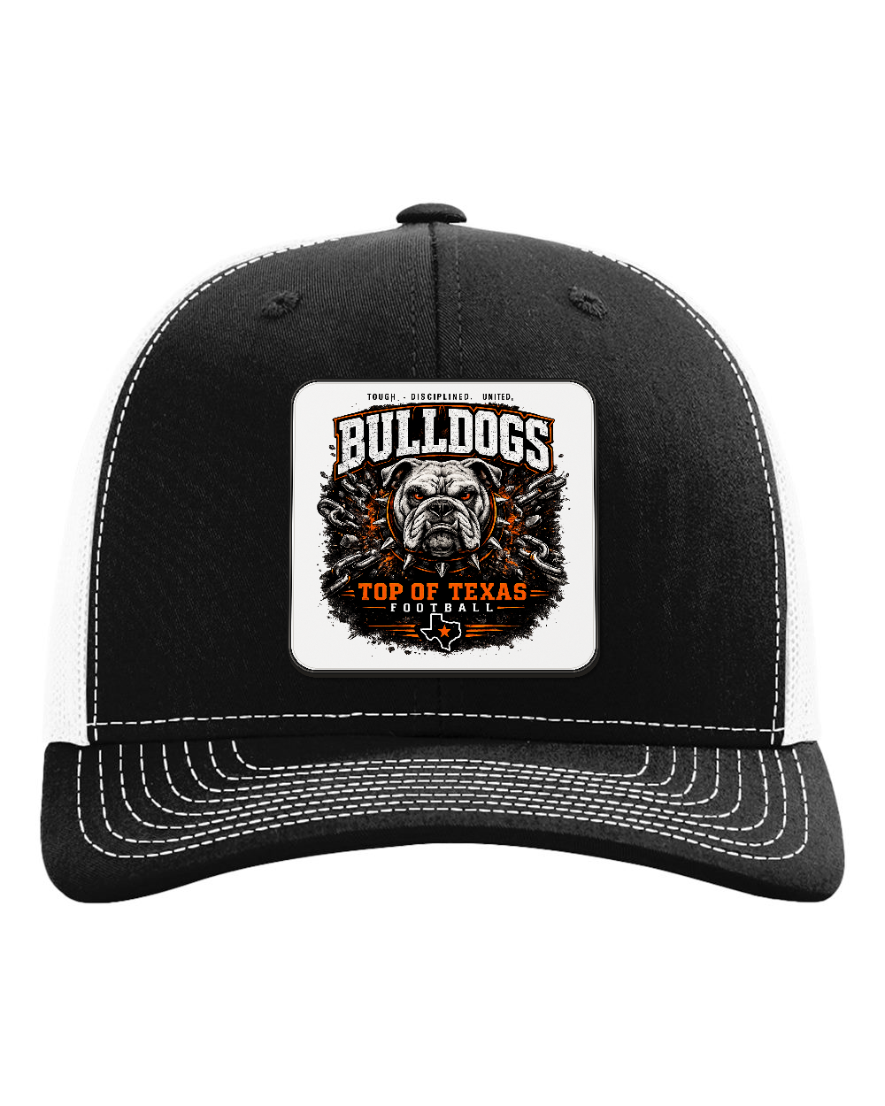 Richardson 112 Black/White - Design 2 Bulldogs Top of Texas. Full-color rounded patch mockup with matte face, dark finished edge and raised thickness.