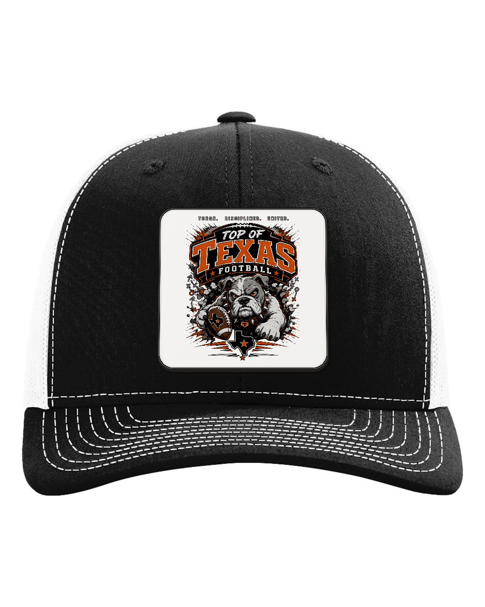 Richardson 112 Black/White - Design 4 Football Bulldog Action. Full-color rounded patch mockup with matte face, dark finished edge and raised thickness.