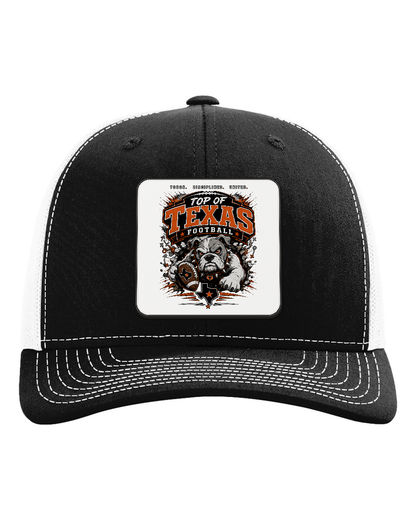 Richardson 112 Black/White - Design 4 Football Bulldog Action. Full-color rounded patch mockup with matte face, dark finished edge and raised thickness.