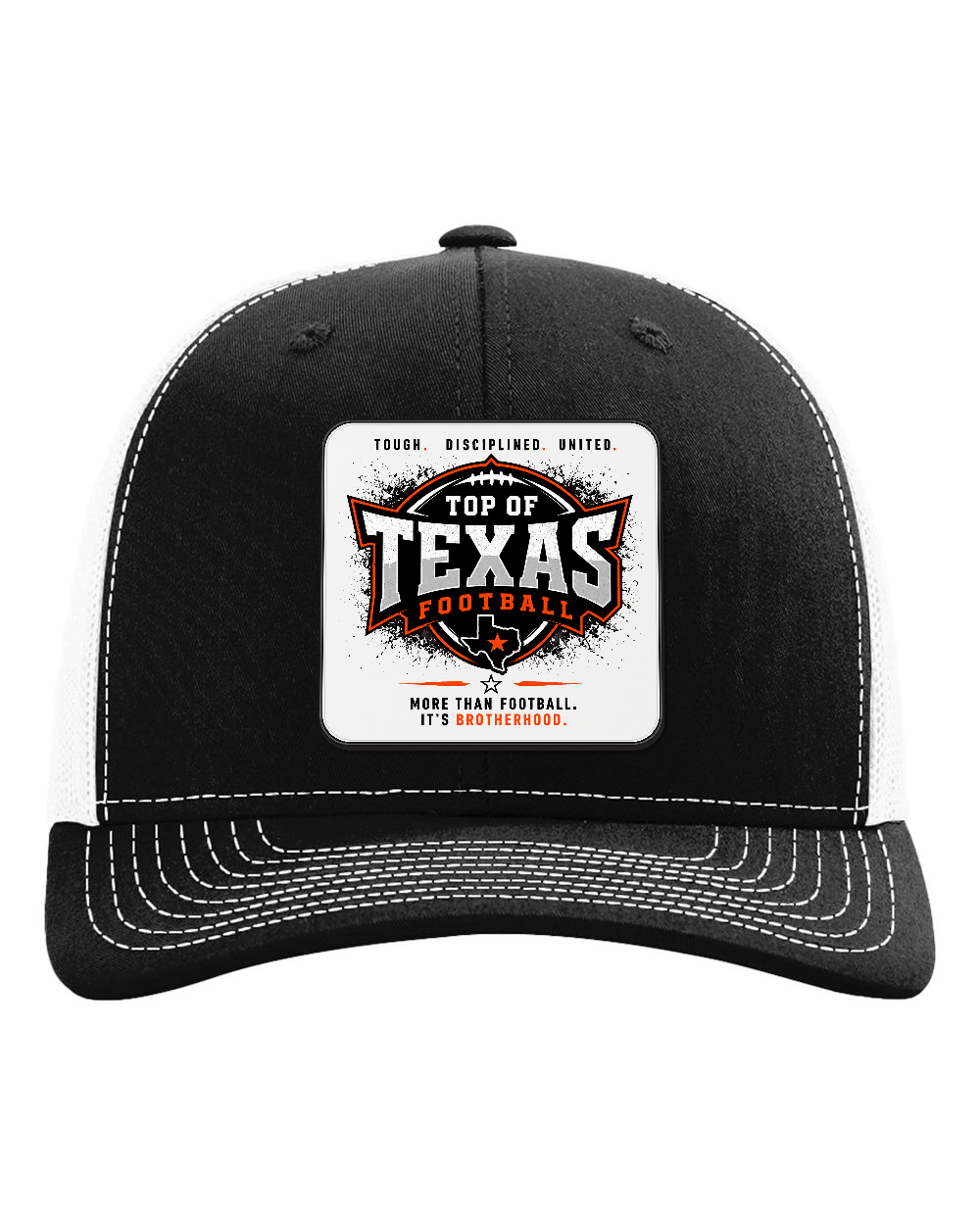 Richardson 112 Black/White - Design 5 Brotherhood. Full-color rounded patch mockup with matte face, dark finished edge and raised thickness.
