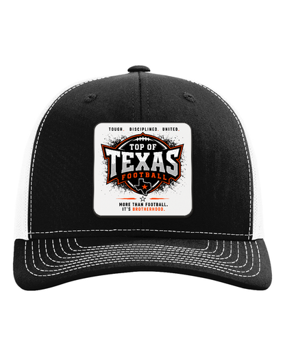 Richardson 112 Black/White - Design 5 Brotherhood. Full-color rounded patch mockup with matte face, dark finished edge and raised thickness.
