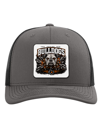 Richardson 112 Charcoal/Black - Design 1 Bulldogs Chains. Full-color rounded patch mockup with matte face, dark finished edge and raised thickness.