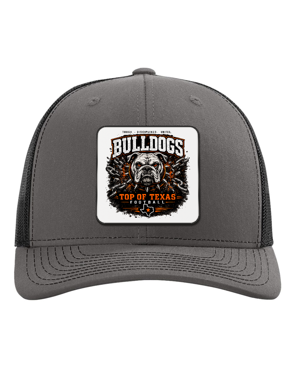 Richardson 112 Charcoal/Black - Design 2 Bulldogs Top of Texas. Full-color rounded patch mockup with matte face, dark finished edge and raised thickness.