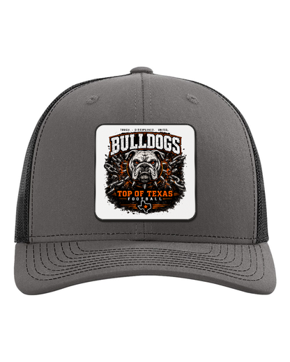 Richardson 112 Charcoal/Black - Design 2 Bulldogs Top of Texas. Full-color rounded patch mockup with matte face, dark finished edge and raised thickness.
