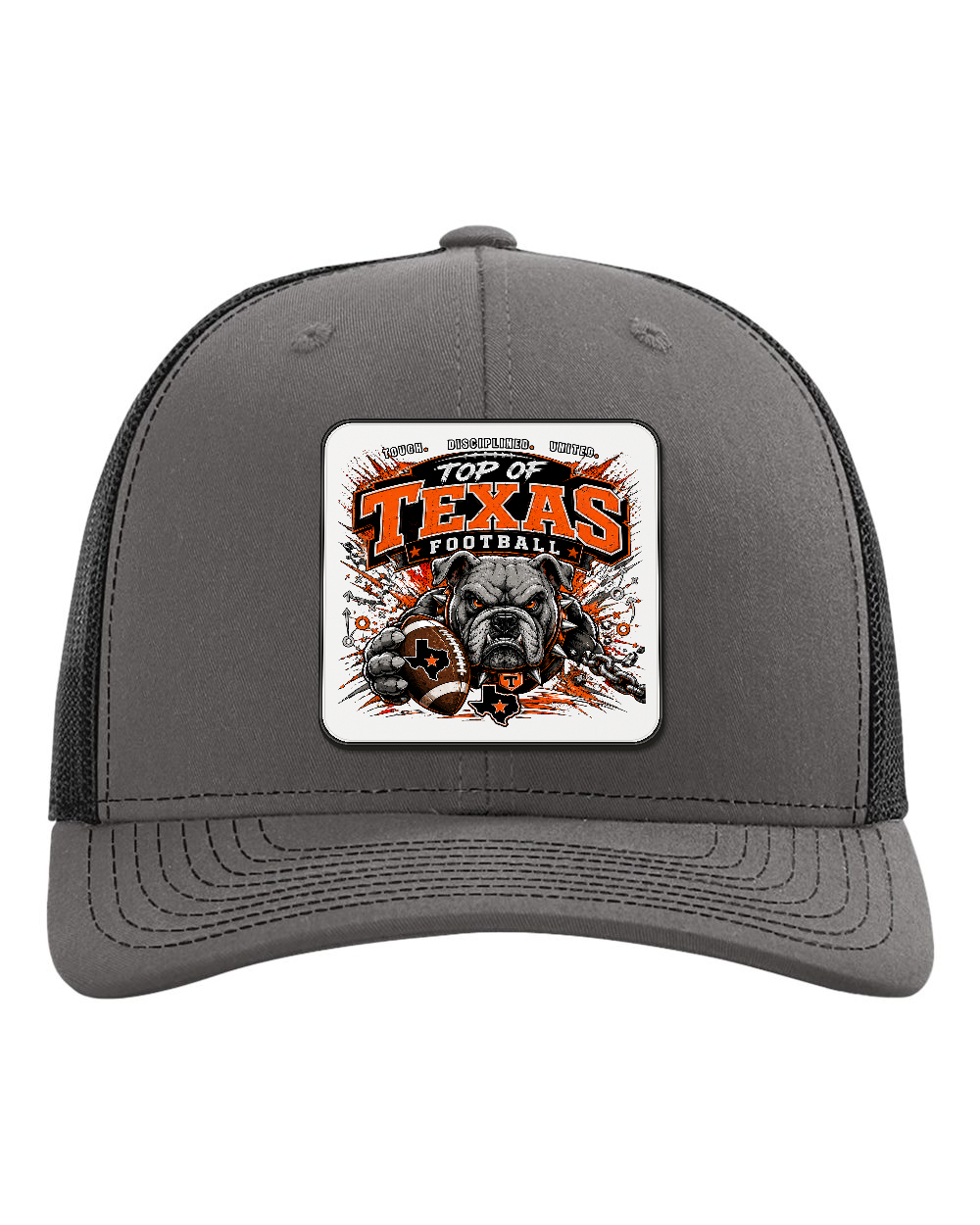 Richardson 112 Charcoal/Black - Design 3 Football Bulldog Chains. Full-color rounded patch mockup with matte face, dark finished edge and raised thickness.