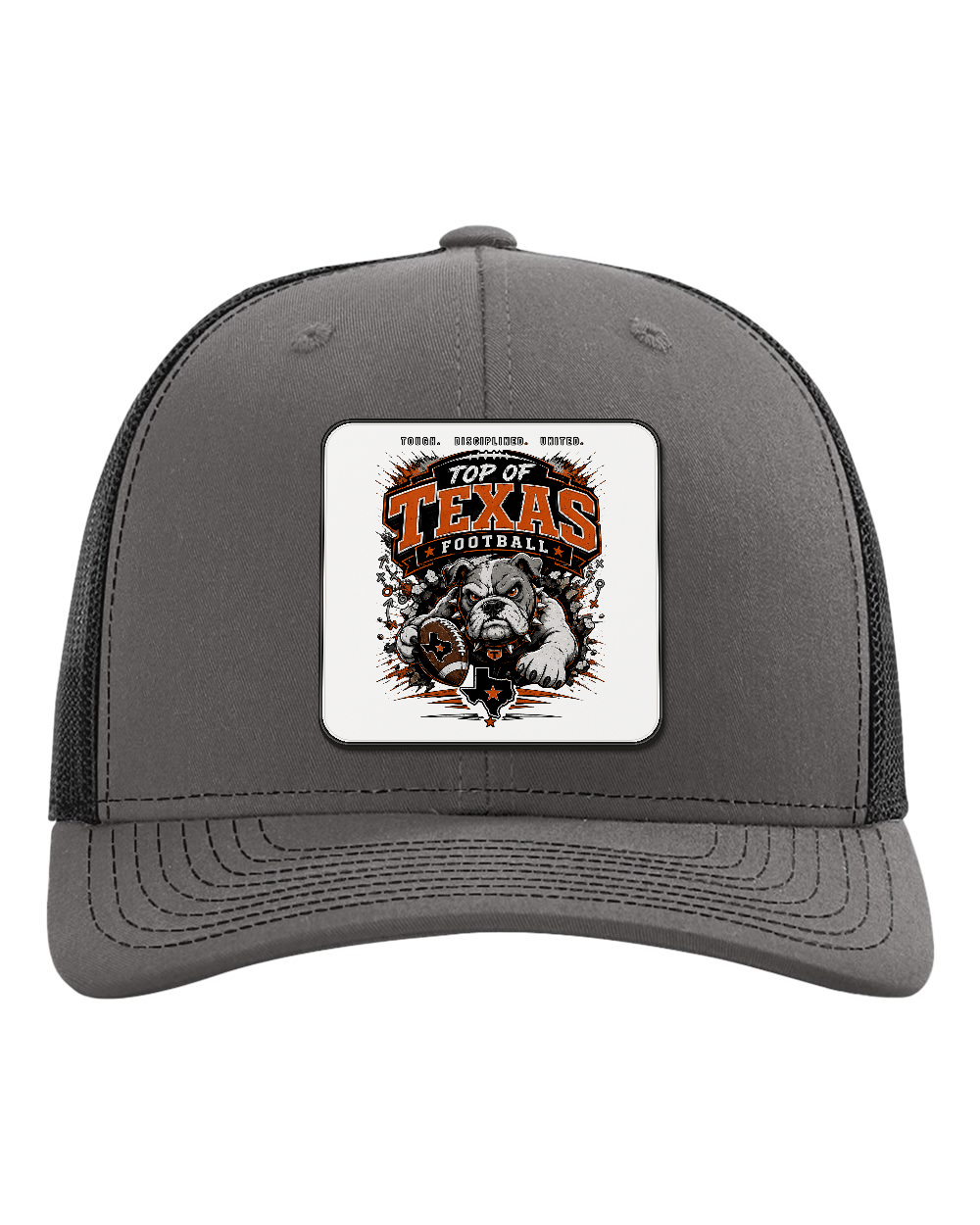 Richardson 112 Charcoal/Black - Design 4 Football Bulldog Action. Full-color rounded patch mockup with matte face, dark finished edge and raised thickness.