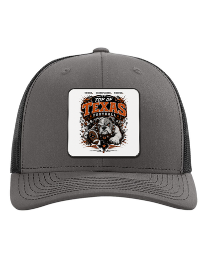 Richardson 112 Charcoal/Black - Design 4 Football Bulldog Action. Full-color rounded patch mockup with matte face, dark finished edge and raised thickness.