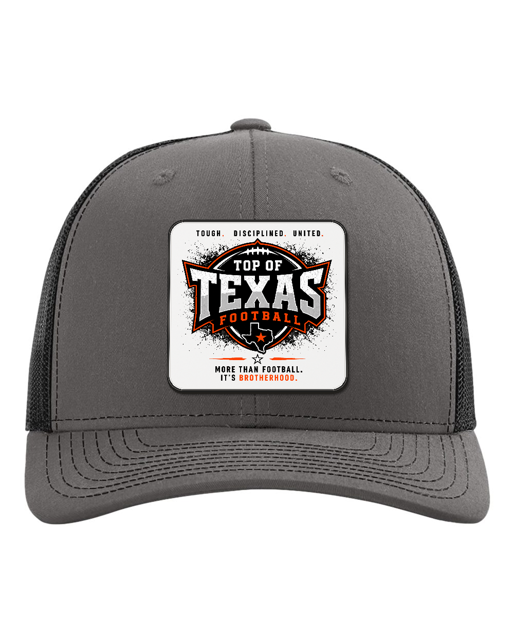 Richardson 112 Charcoal/Black - Design 5 Brotherhood. Full-color rounded patch mockup with matte face, dark finished edge and raised thickness.