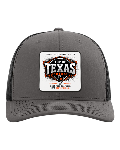 Richardson 112 Charcoal/Black - Design 5 Brotherhood. Full-color rounded patch mockup with matte face, dark finished edge and raised thickness.