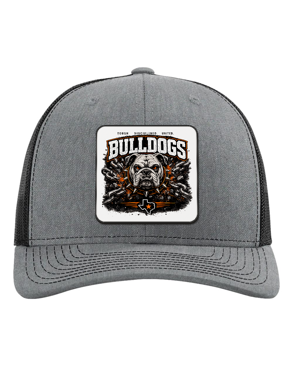 Richardson 112 Heather Grey/Black - Design 1 Bulldogs Chains. Full-color rounded patch mockup with matte face, dark finished edge and raised thickness.