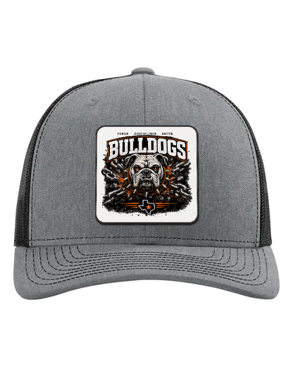 Richardson 112 Heather Grey/Black - Design 1 Bulldogs Chains. Full-color rounded patch mockup with matte face, dark finished edge and raised thickness.
