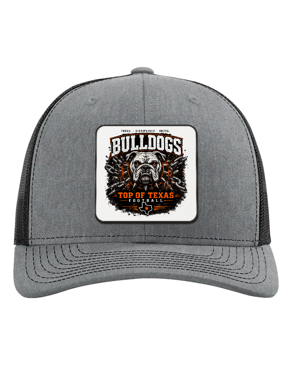 Richardson 112 Heather Grey/Black - Design 2 Bulldogs Top of Texas. Full-color rounded patch mockup with matte face, dark finished edge and raised thickness.