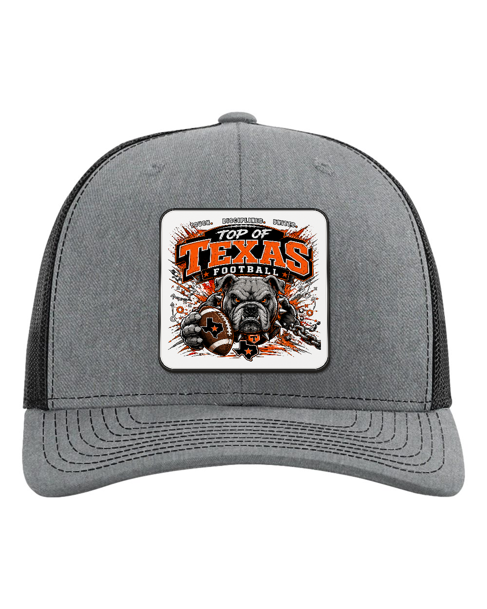 Richardson 112 Heather Grey/Black - Design 3 Football Bulldog Chains. Full-color rounded patch mockup with matte face, dark finished edge and raised thickness.