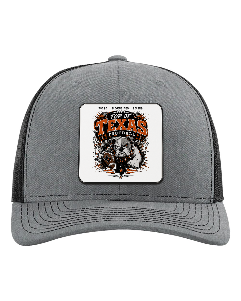 Richardson 112 Heather Grey/Black - Design 4 Football Bulldog Action. Full-color rounded patch mockup with matte face, dark finished edge and raised thickness.