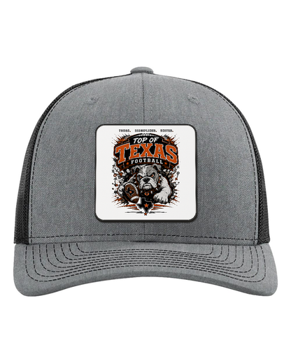 Richardson 112 Heather Grey/Black - Design 4 Football Bulldog Action. Full-color rounded patch mockup with matte face, dark finished edge and raised thickness.
