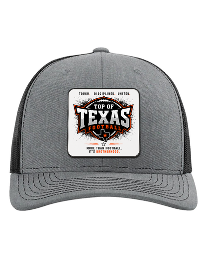 Richardson 112 Heather Grey/Black - Design 5 Brotherhood. Full-color rounded patch mockup with matte face, dark finished edge and raised thickness.