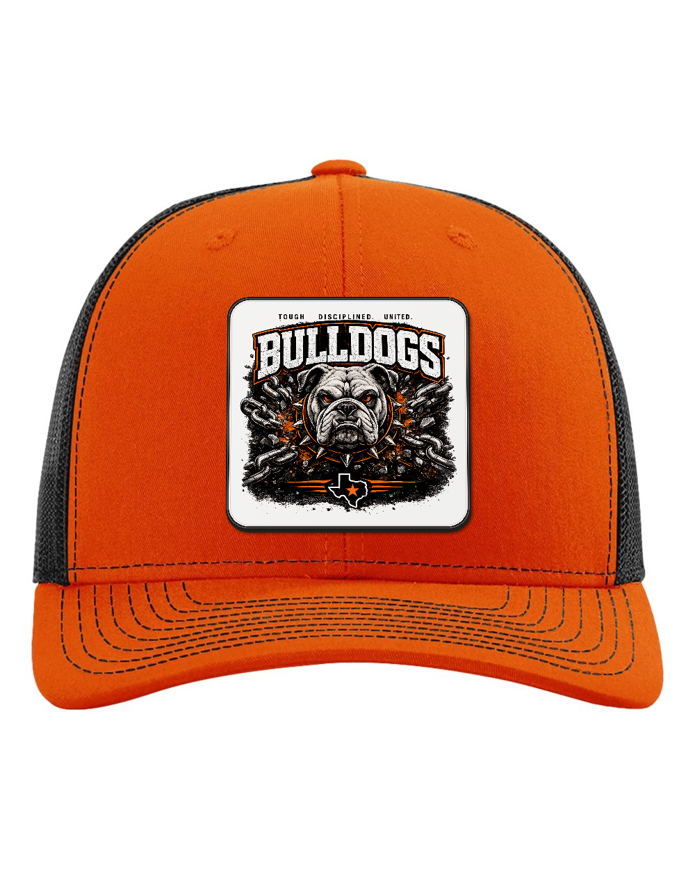 Richardson 112 Orange/Black - Design 1 Bulldogs Chains. Full-color rounded patch mockup with matte face, dark finished edge and subtle raised thickness on the original hat photo.
