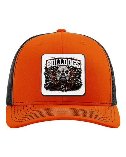 Richardson 112 Orange/Black - Design 1 Bulldogs Chains. Full-color rounded patch mockup with matte face, dark finished edge and subtle raised thickness on the original hat photo.