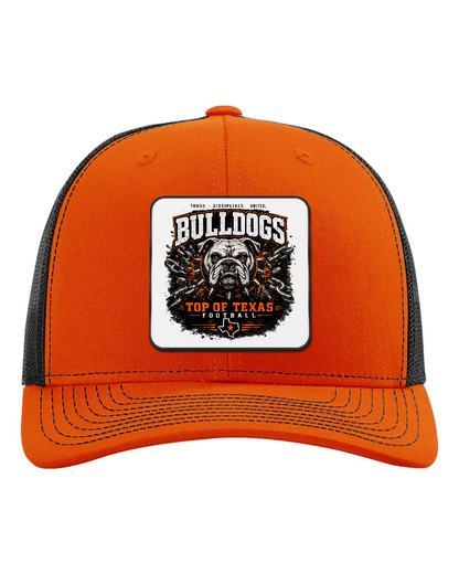 Richardson 112 Orange/Black - Design 2 Bulldogs Top of Texas. Full-color rounded patch mockup with matte face, dark finished edge and subtle raised thickness.