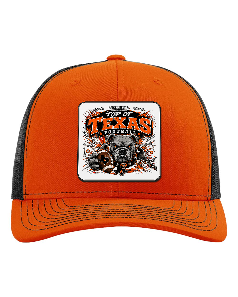 Richardson 112 Orange/Black - Design 3 Football Bulldog Chains. Full-color rounded patch mockup with matte face, dark finished edge and subtle raised thickness.