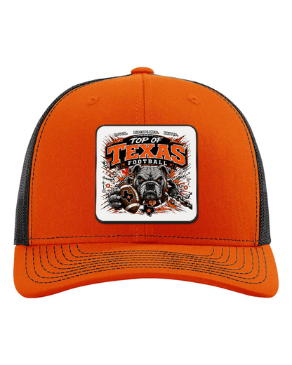 Richardson 112 Orange/Black - Design 3 Football Bulldog Chains. Full-color rounded patch mockup with matte face, dark finished edge and subtle raised thickness.