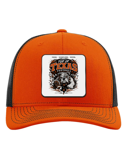 Richardson 112 Orange/Black - Design 4 Football Bulldog Action. Full-color rounded patch mockup with matte face, dark finished edge and subtle raised thickness.