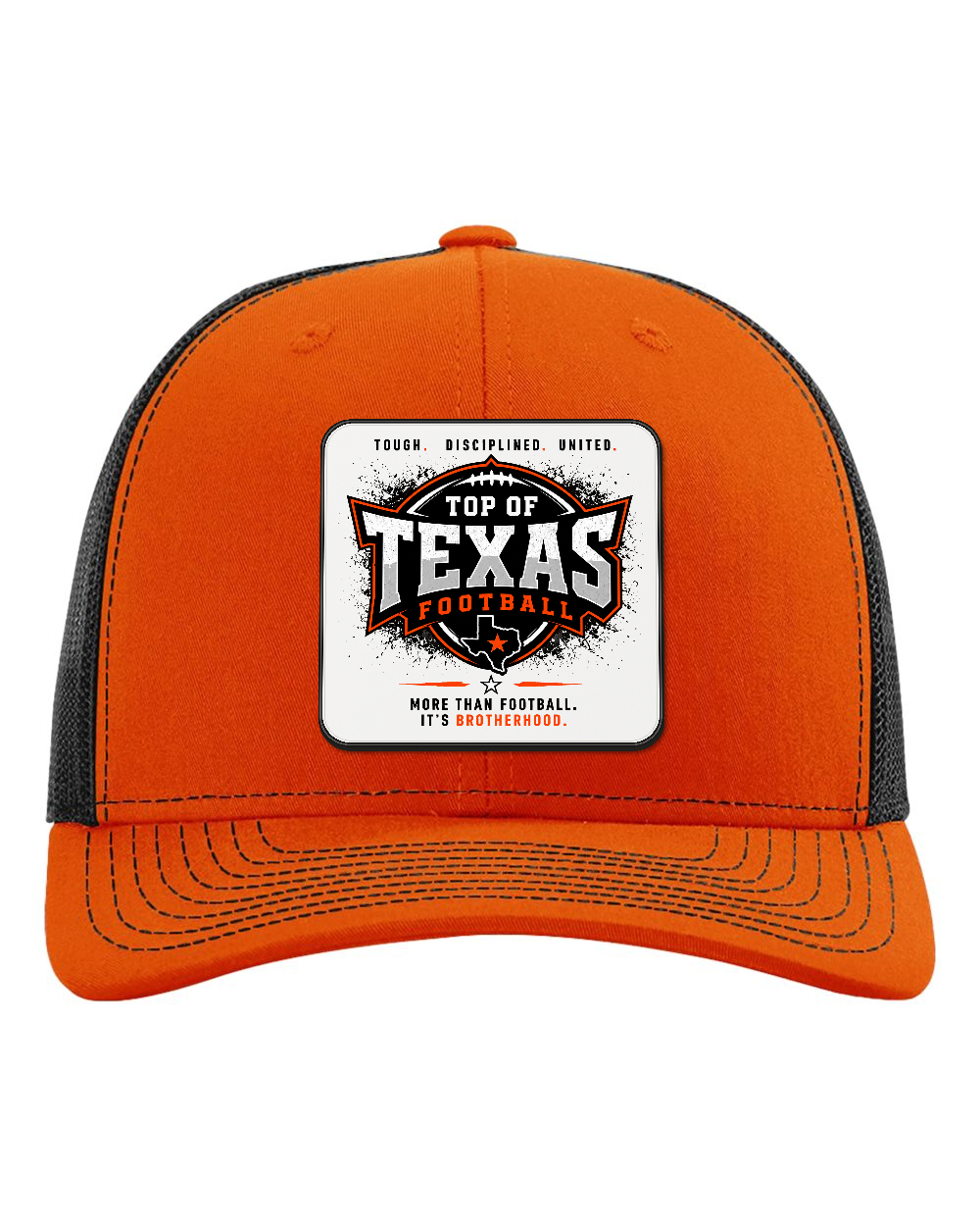 Richardson 112 Orange/Black - Design 5 Brotherhood. Full-color rounded patch mockup with matte face, dark finished edge and subtle raised thickness.