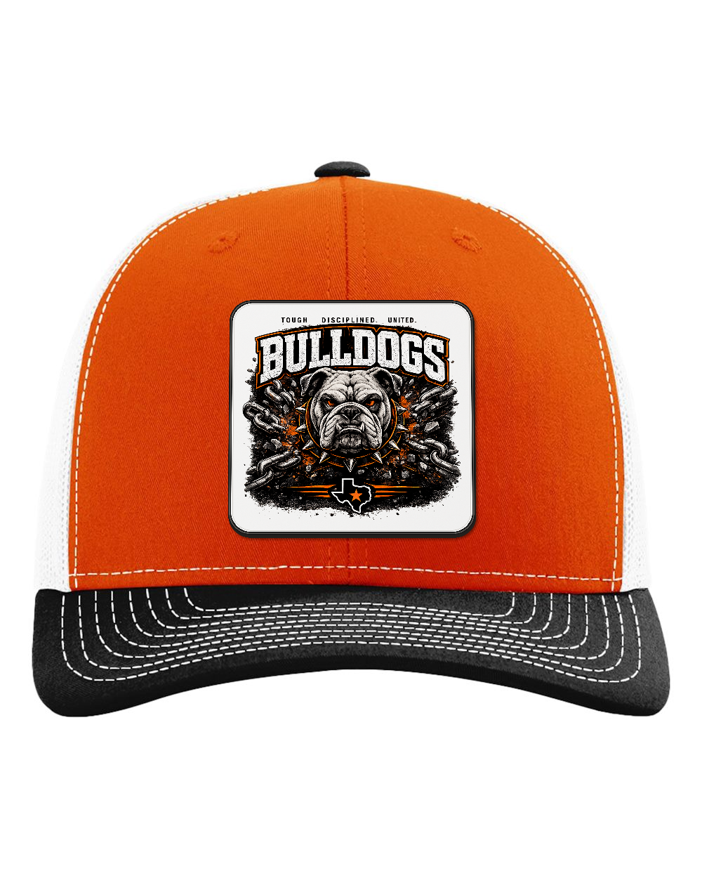 Richardson 112 Orange/White/Black - Design 1 Bulldogs Chains. Full-color rounded patch mockup with matte face, dark finished edge and subtle raised thickness.