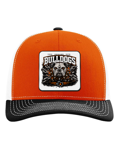 Richardson 112 Orange/White/Black - Design 1 Bulldogs Chains. Full-color rounded patch mockup with matte face, dark finished edge and subtle raised thickness.