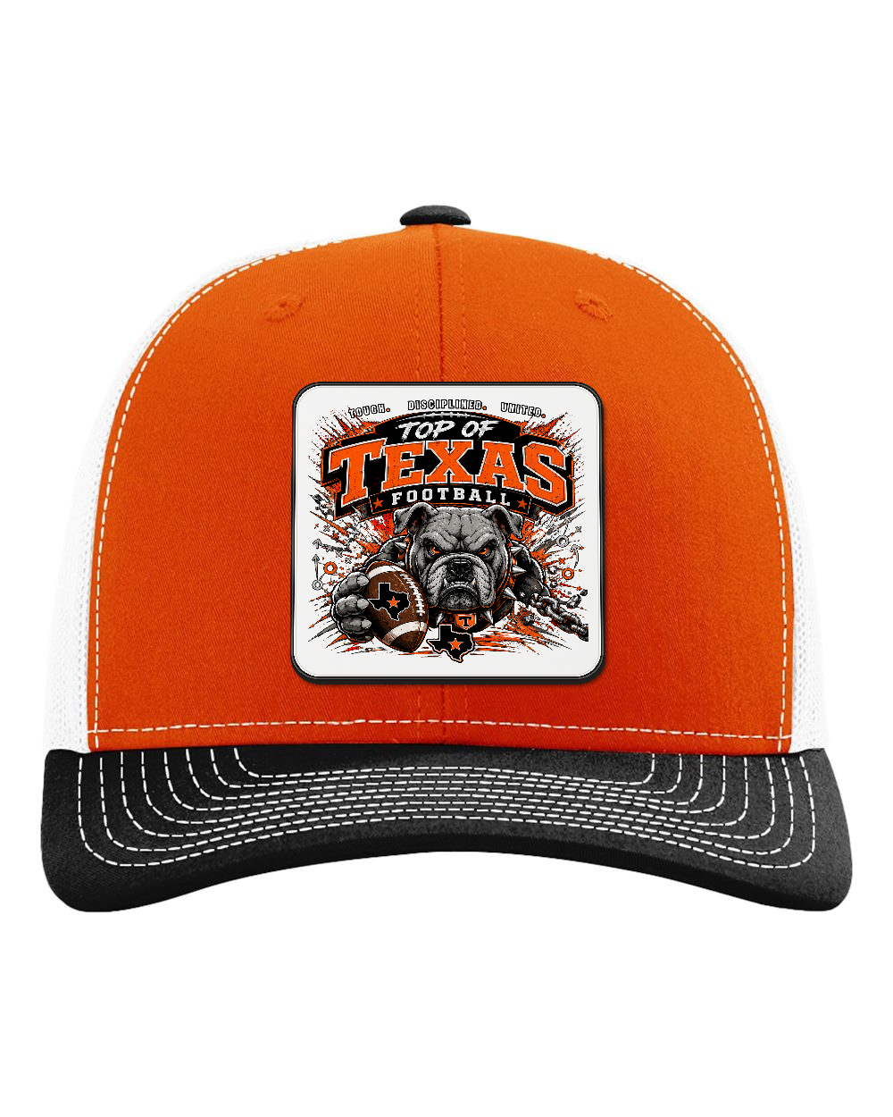 Richardson 112 Orange/White/Black - Design 3 Football Bulldog Chains. Full-color rounded patch mockup with matte face, dark finished edge and subtle raised thickness.