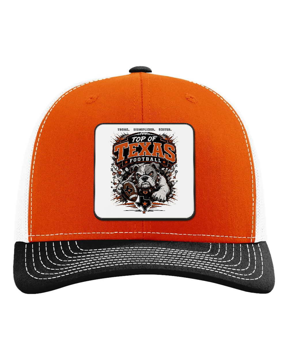Richardson 112 Orange/White/Black - Design 4 Football Bulldog Action. Full-color rounded patch mockup with matte face, dark finished edge and subtle raised thickness.