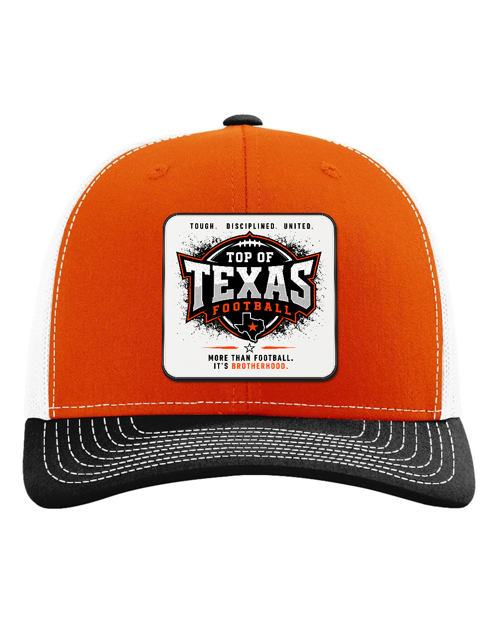 Richardson 112 Orange/White/Black - Design 5 Brotherhood. Full-color rounded patch mockup with matte face, dark finished edge and subtle raised thickness.
