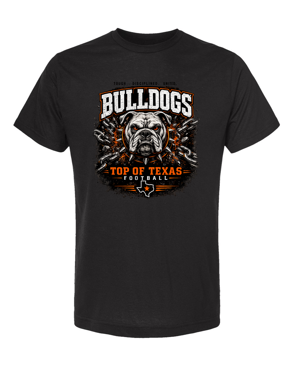 Tultex 241 Black - Design 2 Bulldogs Top of Texas. Cleaned artwork on actual supplier photo.