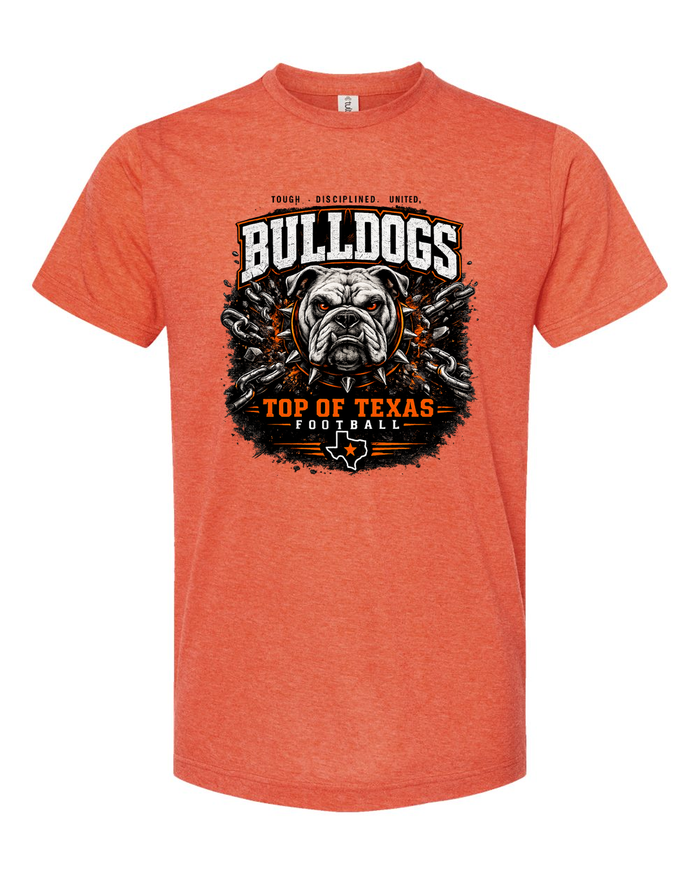 Tultex 241 Heather Orange - Design 2 Bulldogs Top of Texas, cleaned artwork on supplier photo.