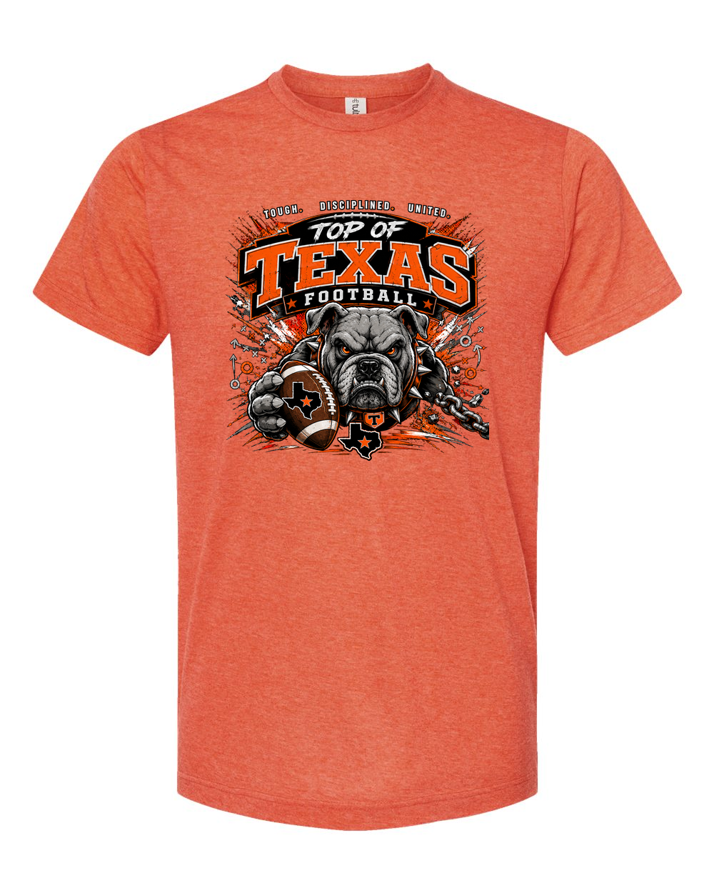 Tultex 241 Heather Orange - Design 3 Football Bulldog Chains, cleaned artwork on supplier photo.