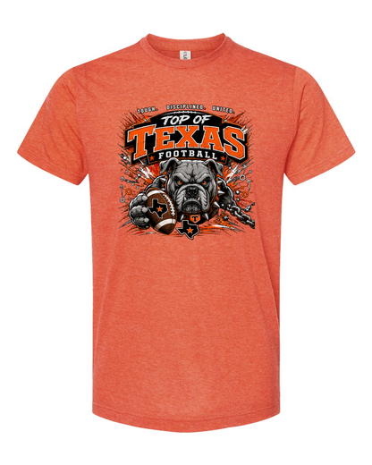 Tultex 241 Heather Orange - Design 3 Football Bulldog Chains, cleaned artwork on supplier photo.
