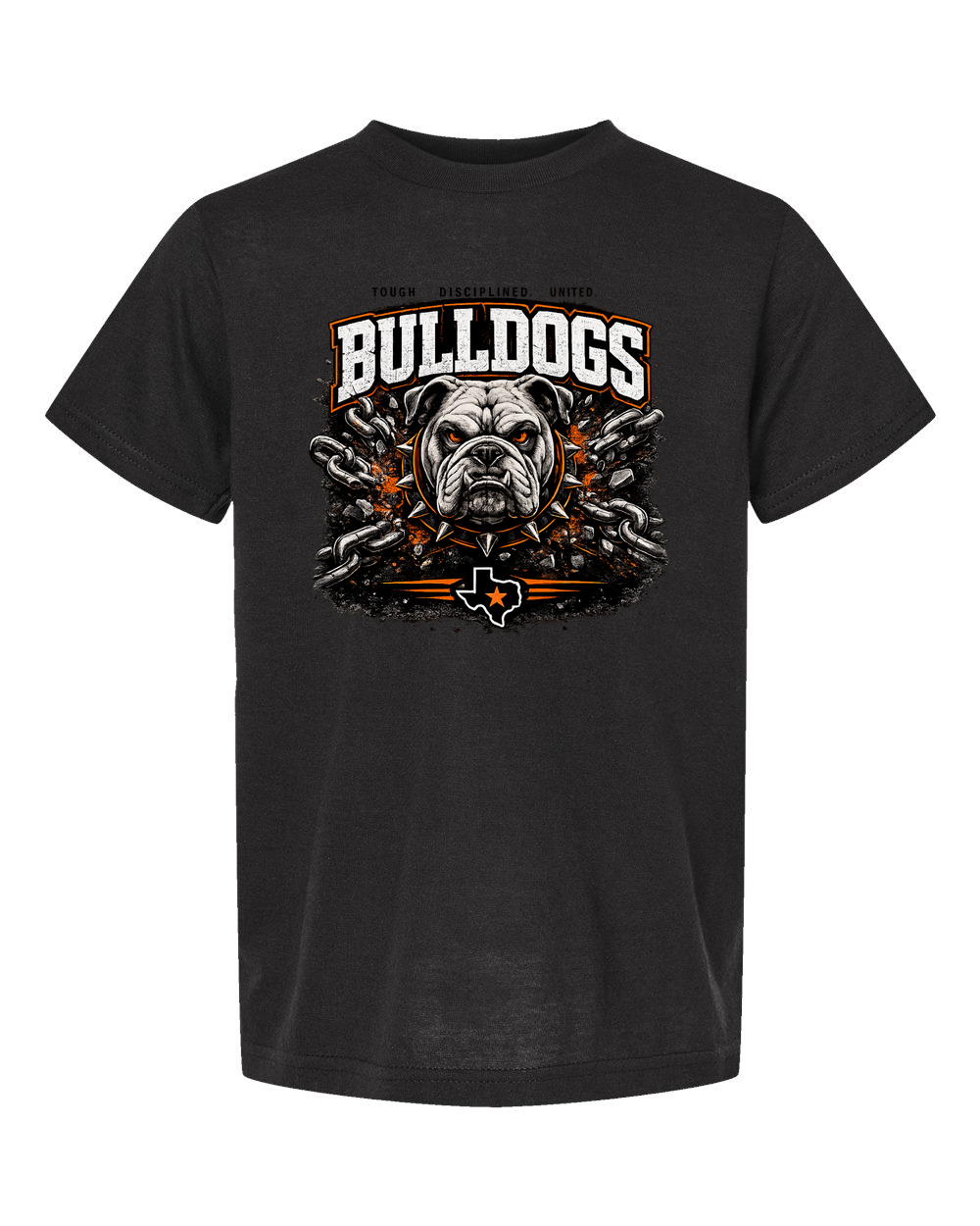 Tultex 265 youth tee Black - Design 1 Bulldogs Chains, cleaned artwork on actual supplier photograph.