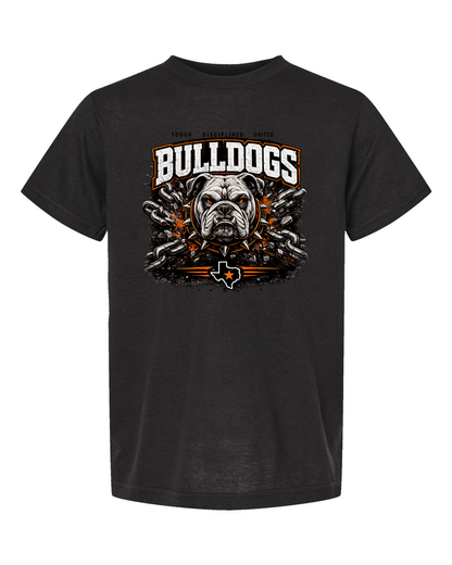 Tultex 265 youth tee Black - Design 1 Bulldogs Chains, cleaned artwork on actual supplier photograph.