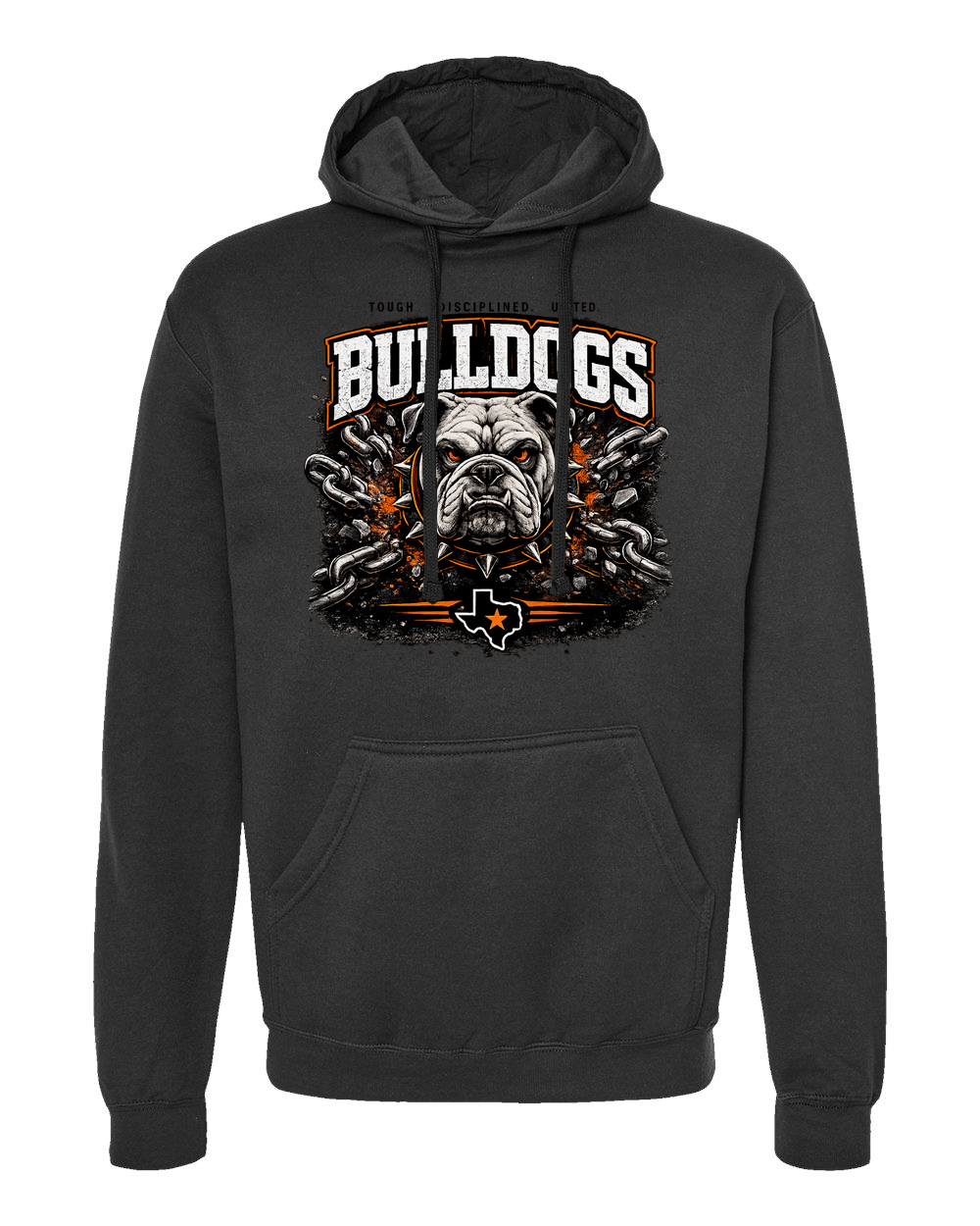 Tultex 320 adult hoodie Black - Design 1 Bulldogs Chains, placed above the pocket.