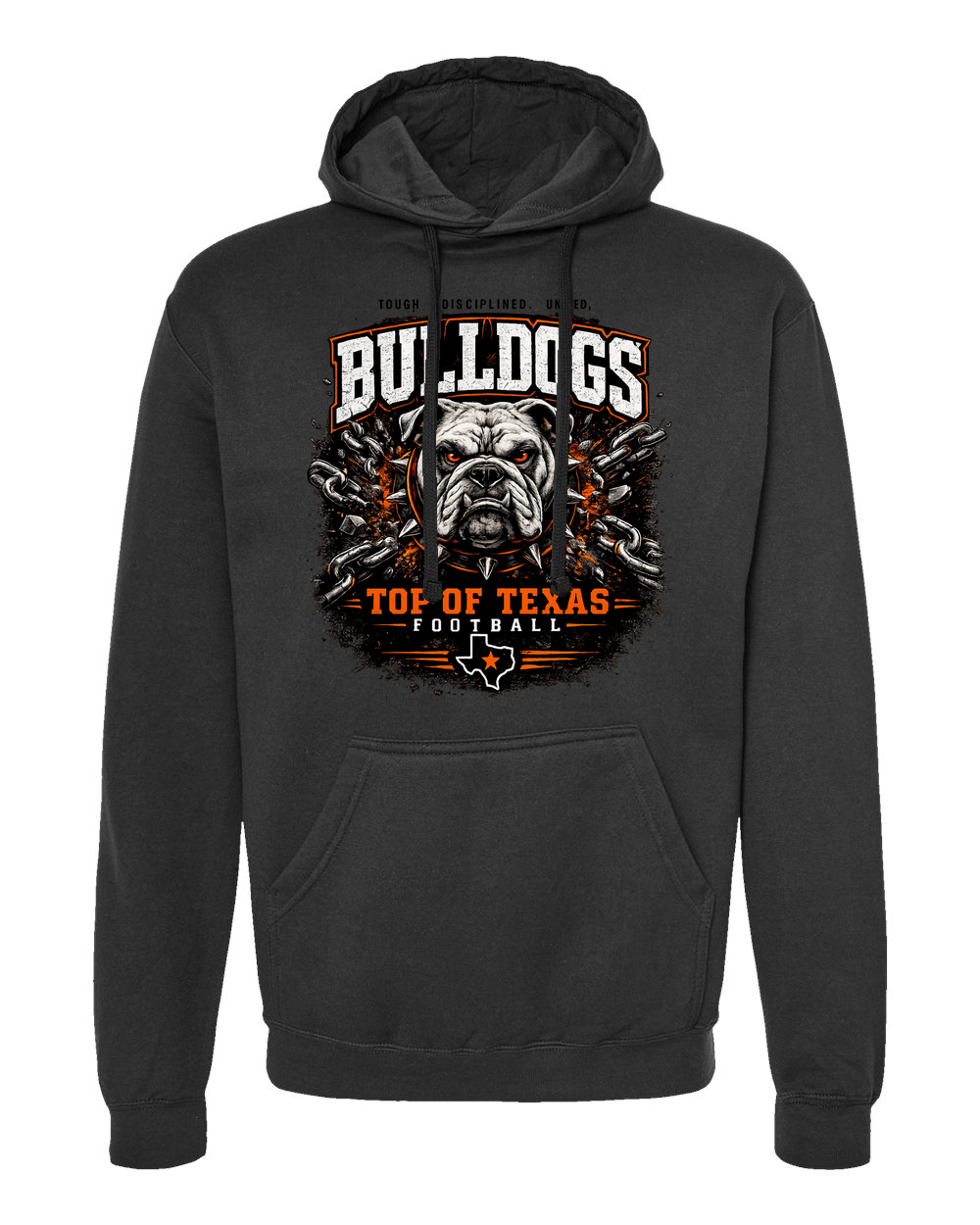 Tultex 320 Black - Design 2 Bulldogs Top of Texas, above the pocket.