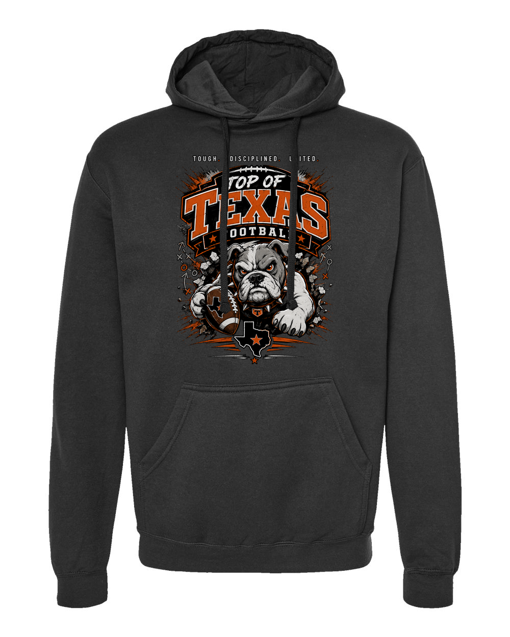 Tultex 320 Black - Design 4 Football Bulldog Action, above the pocket.
