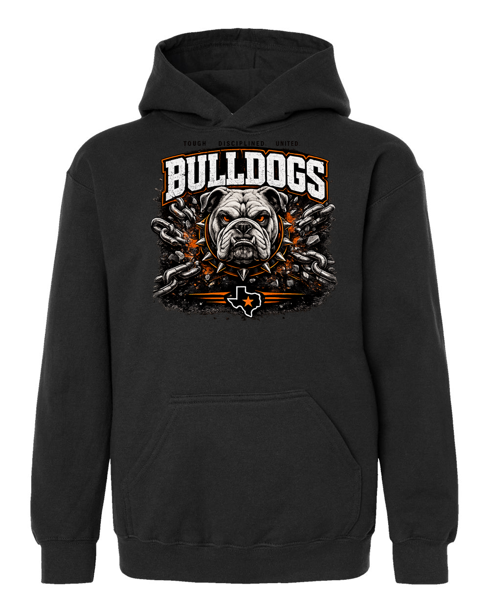 Tultex 320Y youth hoodie Black - Design 1 Bulldogs Chains, above the pocket.