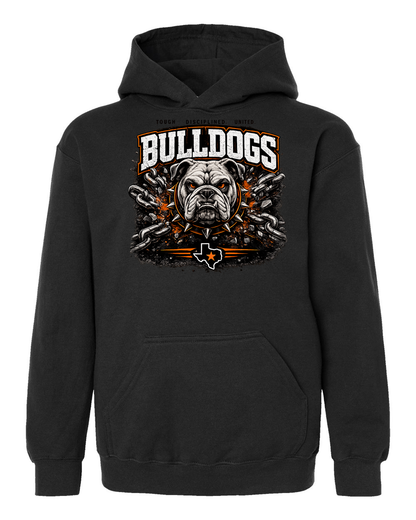 Tultex 320Y youth hoodie Black - Design 1 Bulldogs Chains, above the pocket.